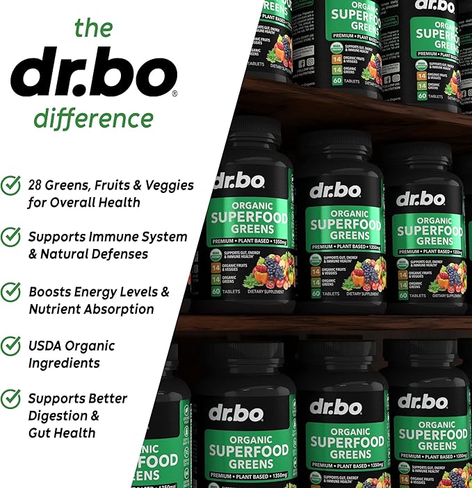 Adrenal Support & Organic Superfood Greens & Fruit Supplements - Daily Energy Super Food Fruits and Veggies Supplement Tablets Plus Vegetable Foods