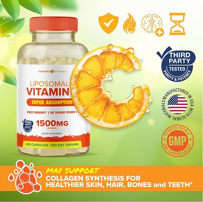 Liposomal Vitamin C Capsules 1500mg Buffered High Absorption VIT C, Immune System & Collagen Booster, 1500 mg High Dose Fat Soluble Immunity Support Ascorbic Acid Supplement (200 Capsules) Vegan