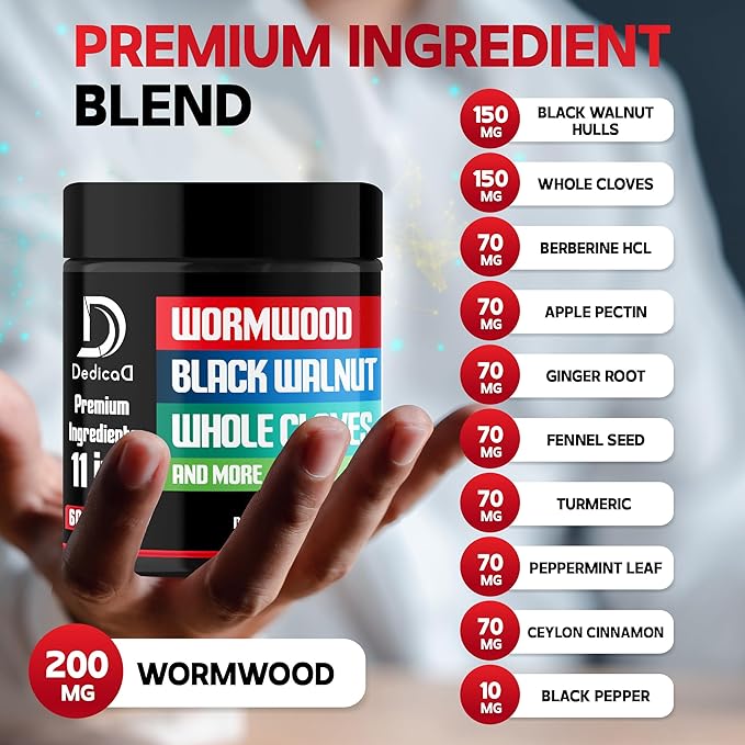 Wormwood Capsules Supplement - Extracted from Black Walnut, Cloves, Turmeric, Apple, Berberine HCl & More - 11 Ingredients combined for Immune System, Body Management & Digestion Health - 60 Capsules