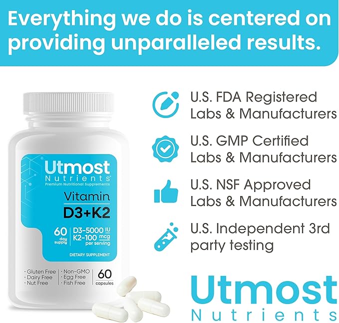 Vitamin D3 with K2-5000iu Vitamin D and 100 mcg Vitamin K Supplement in one Capsule for Maximum Bioavailability - Enhances Calcium Absorption for Cardiovascular, Immune and Bone Health (60 Capsules)