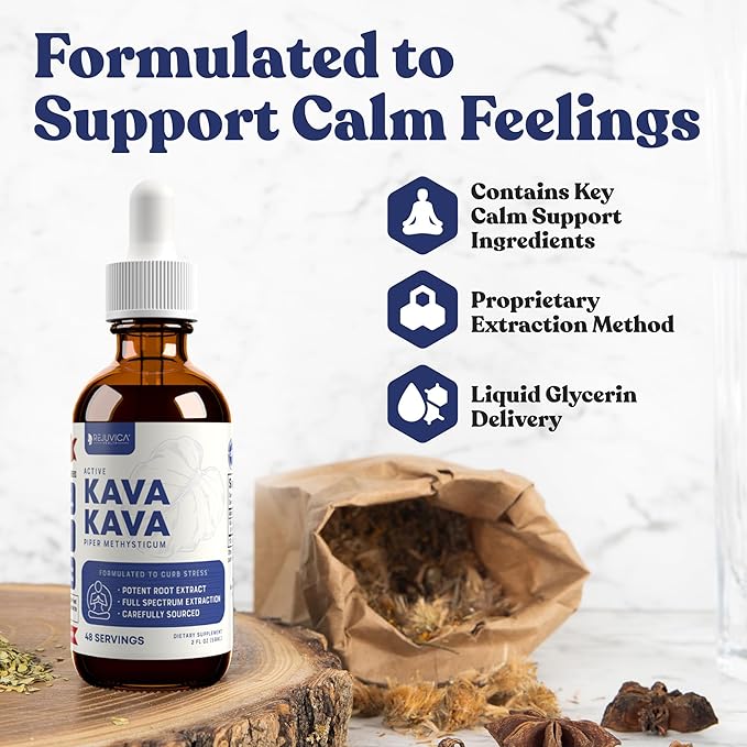 Rejuvica Health Kava Kava Root Extract Supplement - Active Kava Kava - Potent Relaxation & Calm - Liquid Extract - Piper Methysticum - Noble Variety - Naturally Occurring Kavalactones - 96 Servings