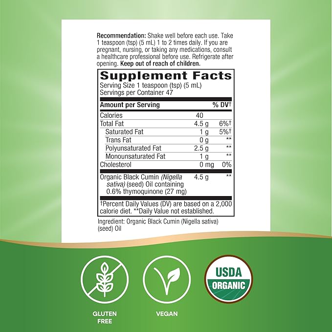 Nature's Way Organic Black Seed Oil, Supports Antioxidants Pathways*, Cold-Pressed, Vegan, Gluten Free, 8 fl oz (Packaging May Vary)