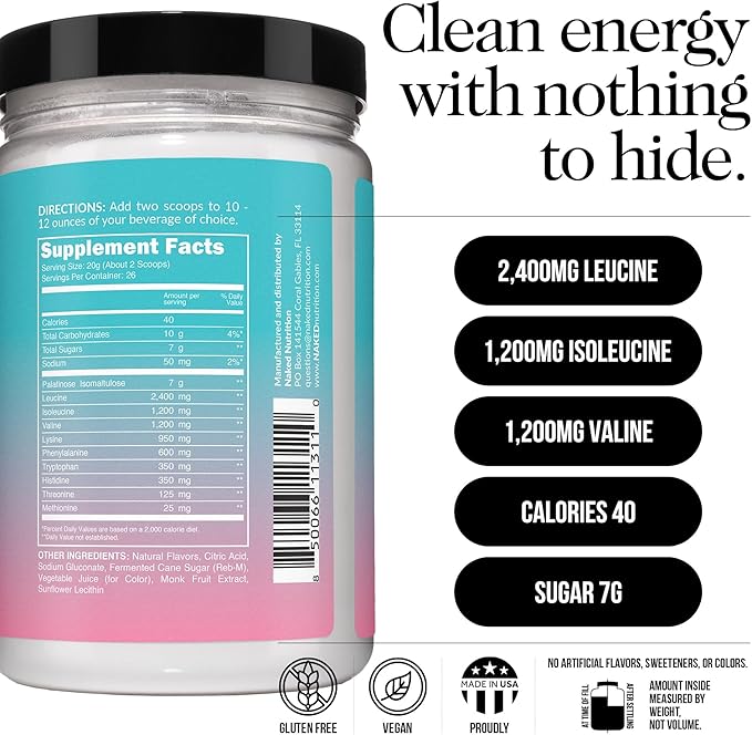 NAKED Strawberry Lemonade EAAs Amino Acids Powder, Vegan Essential Amino Acids, Instantized All Natural EAA Powder Supplement, 1.1LB - 26 Servings