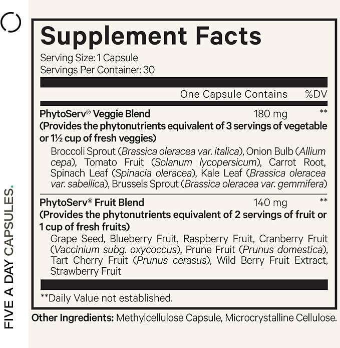 Codeage 5 Servings of Fruits & Veggies Equivalent in 1 Single Capsule - Whole Food Instantfood with 15 Greens & Fruits in All-in-One Pill, Eat Vegetables - Vegan Vitamins Supplement - Non-GMO - 30 ct