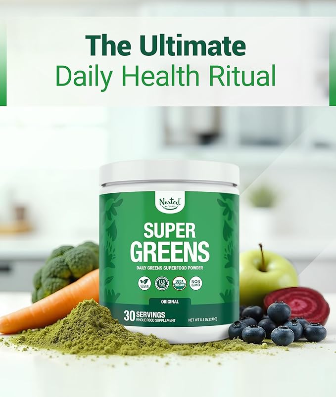 Super Greens Daily Greens Superfood Powder - Certified USDA Organic Green Powder w/20+ Whole Foods, Spirulina Powder, Wheat & Barley Grass - Probiotics, Fiber & Enzymes - Original Flavour, 30 Servings
