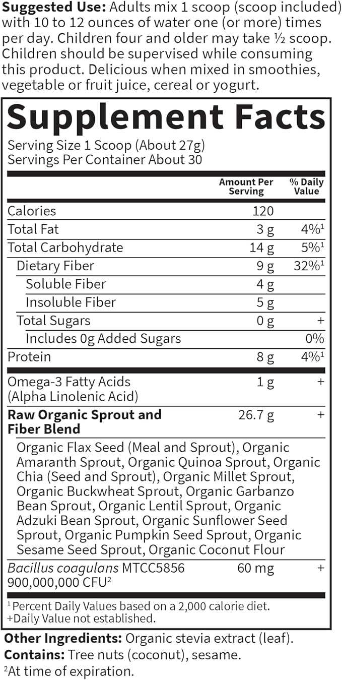 Garden of Life Raw Organic Fiber Powder, 30 Servings, 15 Organic Superfoods, Probiotics, Omega-3 ALA, Soluble and Insoluble Fiber for Regularity, Psyllium Husk Free