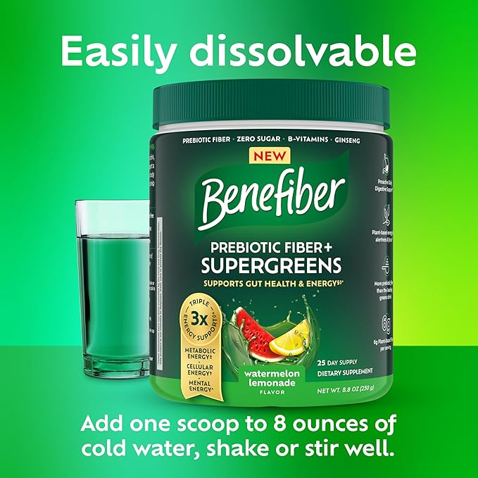 Benefiber Prebiotic Fiber + Supergreens Dietary Supplement Powder, Watermelon Lemonade Flavor, 8.8 oz (250g), 25 Day Supply