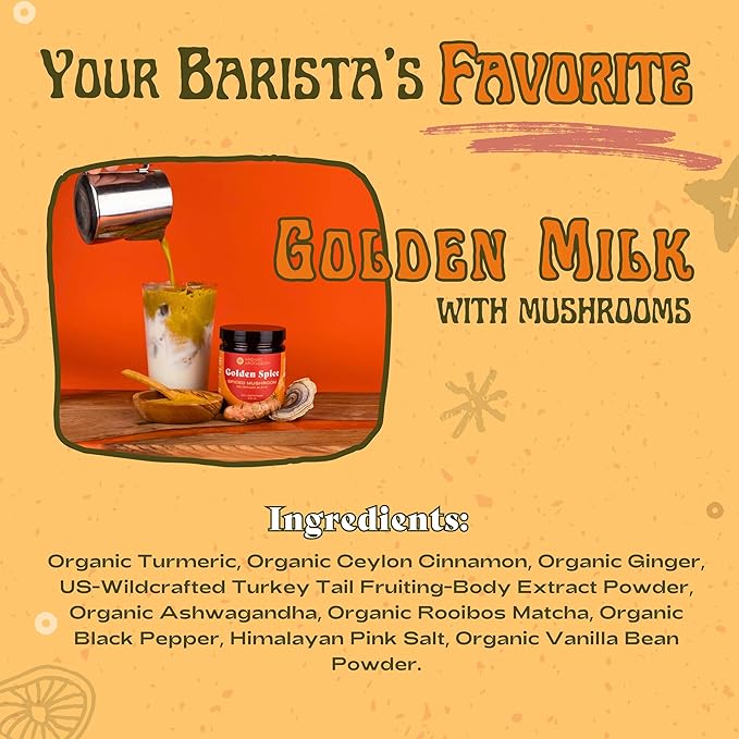 Golden Spice - Mushroom Golden Milk, Heirloom Turmeric Latte Spice Blend | Ashwagandha & Turkey Tail Adaptogens | Caffeine-Free Rooibos Matcha | No Milk or Sweetener Fillers