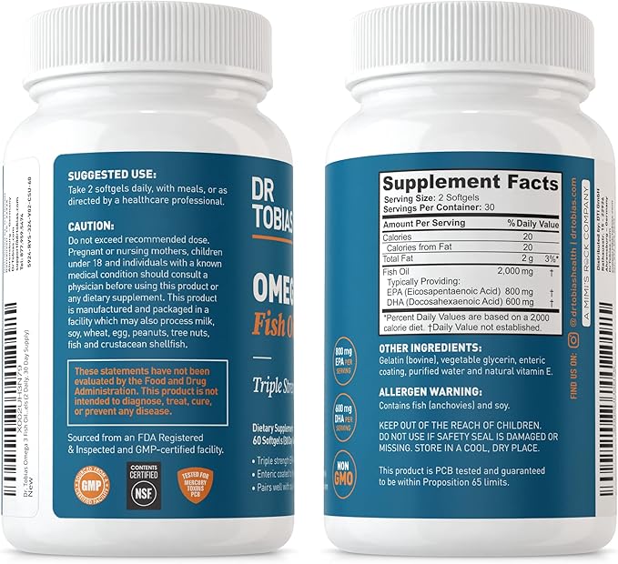 Dr. Tobias Omega 3 Fish Oil & Collagen Peptide Supplements, Supports Heart, Brain, Bone, Joint & Immune System, Promotes Hair, Skin, Nail Health and Beauty