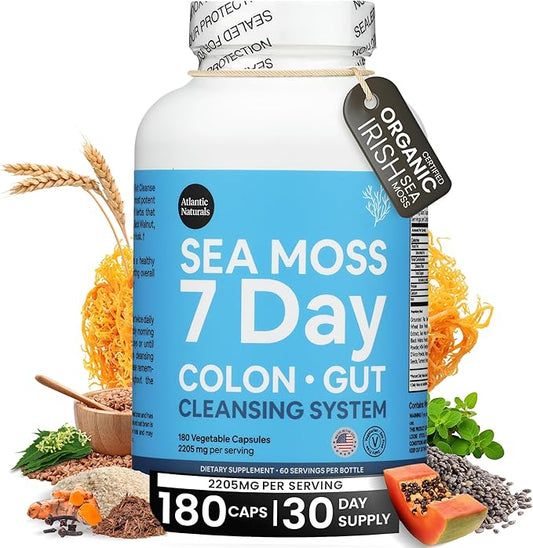 Atlantic Naturals Sea Moss 7-Day Colon & Gut – with Psyllium Husk Senna Powder, Golden Flax, Turmeric & Herbs for Digestive Health, Bloating, & Natural Flushing for Women & Men - 180 Capsules.