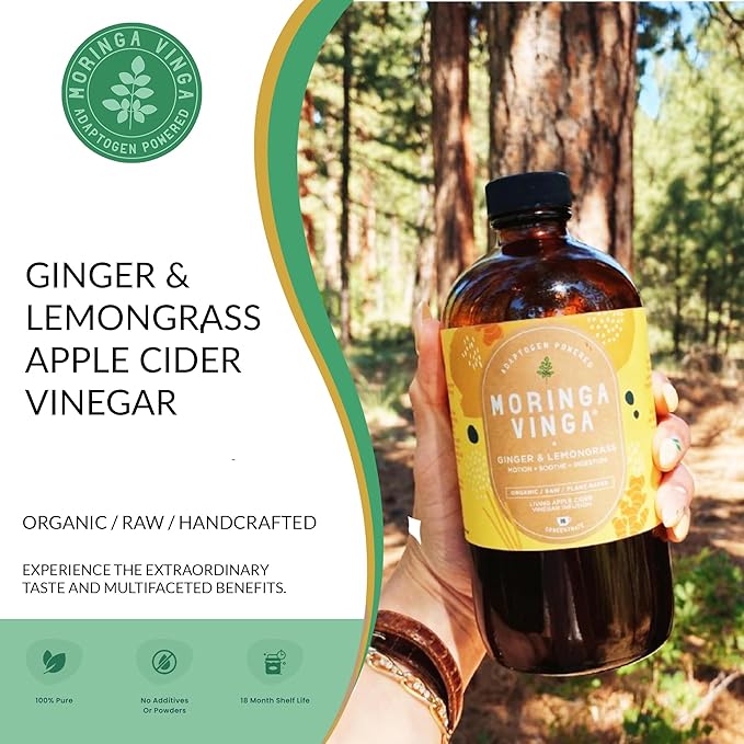 VINGA Organic Ginger & Lemongrass Moringa Infusion – Daily Herbal Tonic with Apple Cider Vinegar, Honey | Supports Motion, Digestion & Relaxation | Non-GMO, 16 oz