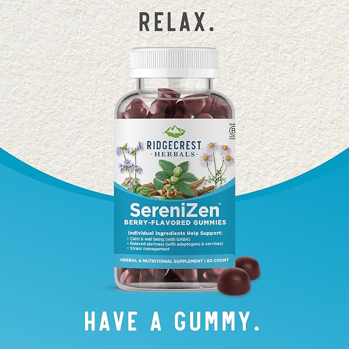 RidgeCrest Herbals SereniZen Gummies with Ashwagandha, GABA, L-Theanine, Chamomile & Lemon Balm, Supports Relaxation & Calm, Stress Management, Sleep. Daily Health Supplement, 60 Ct, 1-2 Month Supply