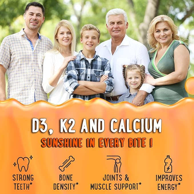Center-Filled Vitamin D3 K2 Gummies - Kids, Teens & Adults - Supplement for Healthy Teeth, Bone, Energy & Immunity - 5000 IU D3, 120 mcg K2(MK-7), 120 mg Calcium - Vegan & Non-GMO - 60 Count