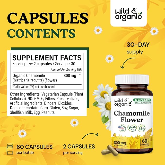 Wild & Organic Chamomile Capsules 800 mg - Relaxation & Digestive Support - Herb Chamomile Extract Supplement - Matricaria Recutita Flower - Vegan, No Fillers, Non-GMO - 60 Count