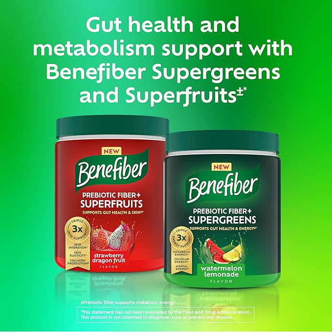 Benefiber Prebiotic Fiber + Supergreens Dietary Supplement Powder, Watermelon Lemonade Flavor, 8.8 oz (250g), 25 Day Supply