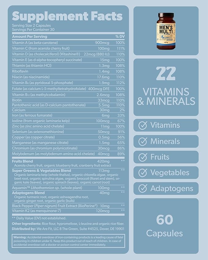 Multivitamin for Men - Daily Men’s Multivitamin - Methylated B Complex with Whole Food Ingredients, Vitamin B12, Folate, A, C, D3, E, K2, Organic Fruits & Vegetables - Vegan, Non-GMO - 60 Caps