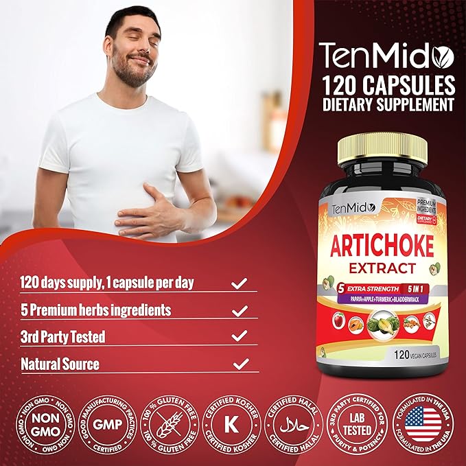 Artichoke Supplement Extract Capsules, 4 Months Supply with Papaya, Apple Pectin, Turmeric Curcumin, Bladderwrack - Supports Digestion Function - 120 Vegan Capsules