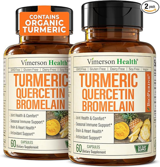 Quercetin with Bromelain Turmeric Supplement - Quercetin 500mg Capsules + Curcumin with Black Pepper. Joint Supplements for Women & Men. Bromelain Turmeric Curcumin Supplement. 120 Tumeric Caps 2-Pack