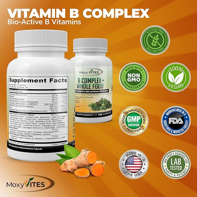 Vitamin B Complex - B Vitamins Whole Food Supplement, B12 Methylcobalamin, B1, B2, B3, B5, B6, B7, B9 - for Stress, Energy and Immune Support, Vegan, 120 Capsules