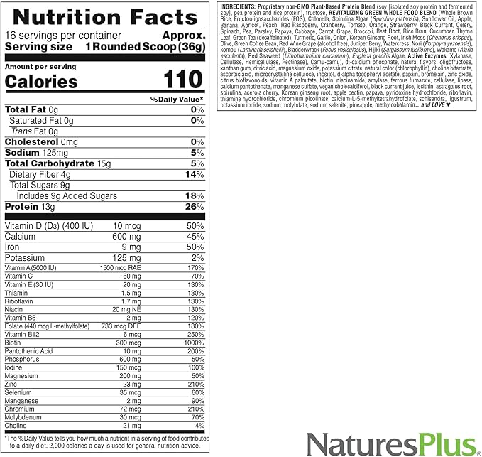 NaturesPlus FRUITEIN Revitalizing Green Foods Shake - 1.3 lbs - Plant-Based Protein (13g/Serving) - Supports Energy & Immune System - Vegetarian, Gluten Free & Non-GMO - 16 Servings