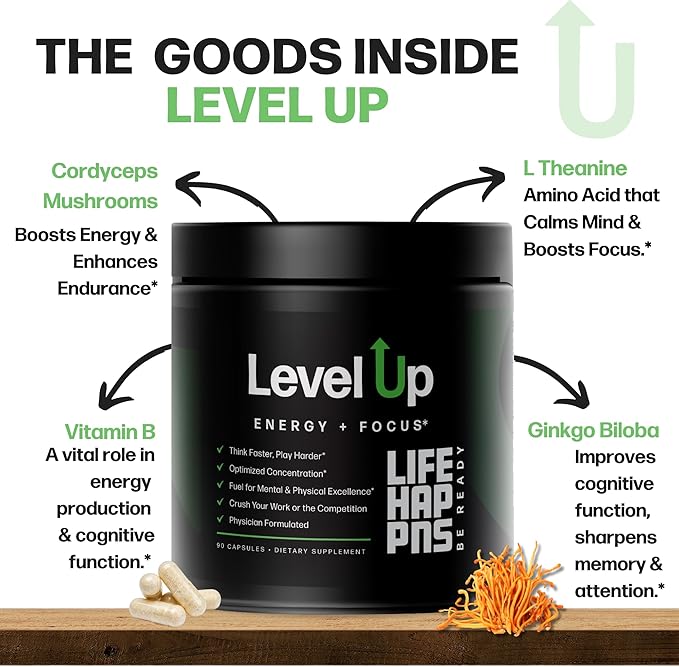 Life Happns Level Up Energy and Focus Supplement with Lions Mane, Ginkgo Biloba, L Theanine, Cordyceps Mushroom, Vitamin B, Brain and Memory Support Supplements, 90 Capsules