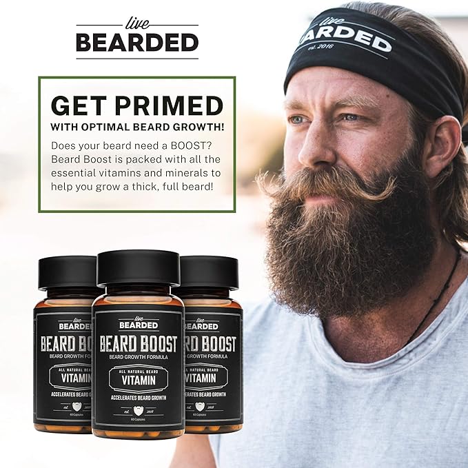 Live Bearded Beard Boost - Hair Growth Multivitamins with Biotin 10,000mcg, Vitamins C, E and Zinc - Thick, Strong, Full Grow Support - Made in The USA | 60-Day Supply