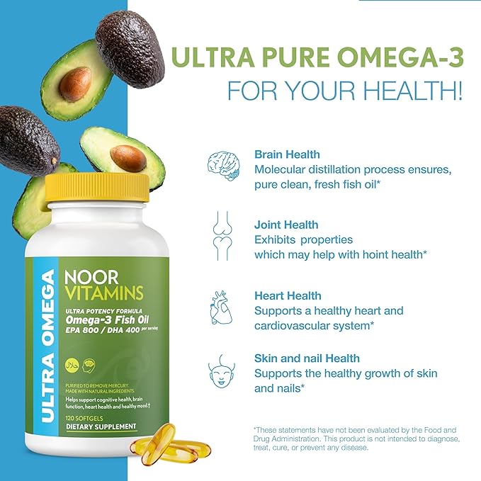 Noor Vitamins Halal Fish Oil, Halal Vitamins, Ultra Omega 3 Wild Peruvian Fish (800 mg EPA & 400 mg DHA) Heart, Brain & Joint Support, Non-GMO and Gluten Free (120 Count)