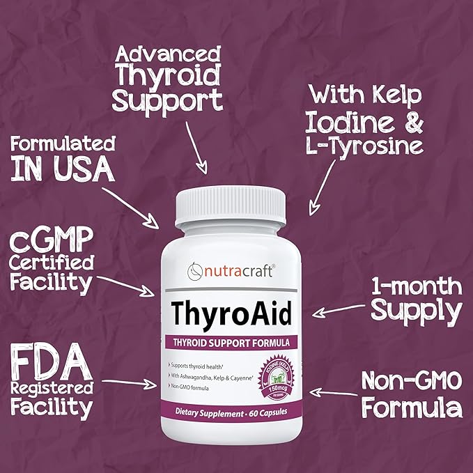 ThyroAid #1 Thyroid Support Supplement | Natural Herbal Thyroid Formula with Iodine (Kelp), Ashwagandha, L-Tyrosine & More | Support Thyroid Health & Energy Levels | 60 Capsules