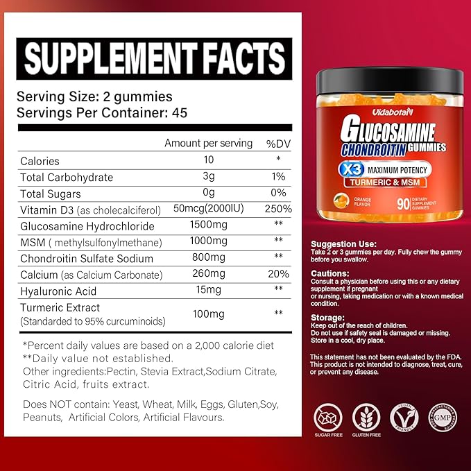 Sugar Free Glucosamine Chondroitin Gummgies, Extra Strength 1500mg with MSM &Turmeric, Orange Flavor, Gluten-Free Gummies (90 Count)