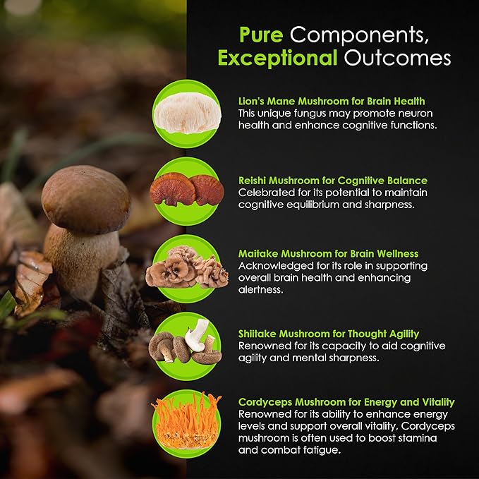 Mushroom Complex - Shiitake, Lions Mane, Cordyceps, Turkey Tail, Maitake, Reishi, Agaricus Mushrooms Supplement Capsules - Cognitive Improvement - Immune Support - Energy Booster - 90 Caps
