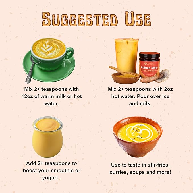 Golden Spice - Mushroom Golden Milk, Heirloom Turmeric Latte Spice Blend | Ashwagandha & Turkey Tail Adaptogens | Caffeine-Free Rooibos Matcha | No Milk or Sweetener Fillers