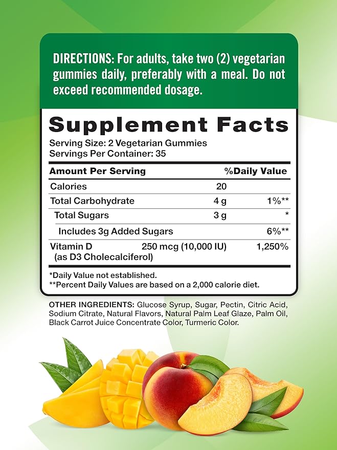 Nature's Truth Vitamin D3 Gummies | 10000 IU | 70 Count | Peach Mango Flavor | Vegetarian, Non-GMO & Gluten Free Supplement