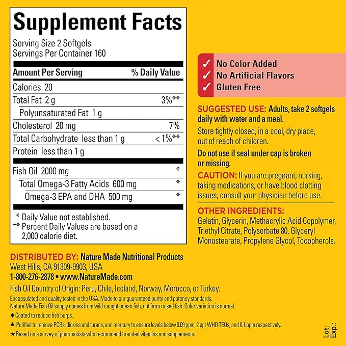 Nature Made Burp Less Fish Oil Omega 3 Supplements, 1000mg Softgels, Omega 3 Fish Oil Supplements for Healthy Heart Support, 320 Softgels, 160 Day Supply