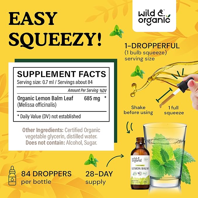 Wild & Organic Lemon Balm Drops - Relaxing Lemon Balm Leaf Extract Supplement - Calming Melissa Officinalis Tincture - Vegan, Sugar & Alcohol-Free - 2 fl oz