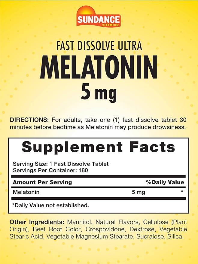 Sundance Melatonin 5mg Tablets | 180 Vegetarian Count | Fast Dissolve | Natural Berry Flavor | Vegetarian, Non-GMO and Gluten Free Supplement