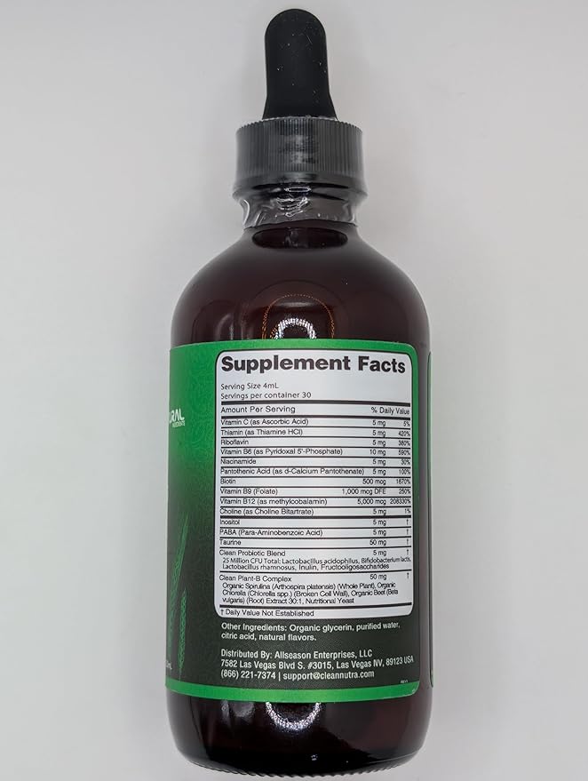 Vitamin B Complex Liquid Drops | Thiamine B1, B6, B2, B3, B4, B5, B7 B9, B12, Niacinamide, Paba, Choline Inositol Taurine Probiotics Beet Root Spirulina - Plant-B Vitamin Supplements - Clean Nutra (2)