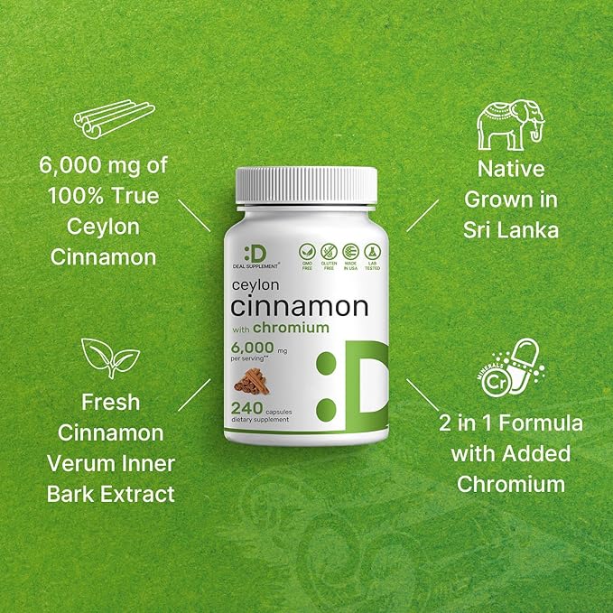 Ceylon Cinnamon 6,000mg with Chromium 1,000mcg Per Serving, 240 Capsules –Active Inner Bark Extract – True Sri Lanka Source – Natural Cinnamon Supplements– Non-GMO