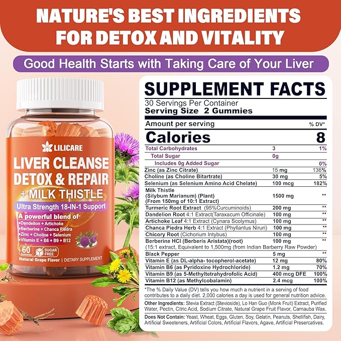 Milk Thistle Liver Detox Gummies, 18-IN-1 Liver Cleanse Detox & Repair Supplement with Berberine, Chicory Root, Turmeric, Artichoke, Dandelion Root, Chanca Piedra,Vitamins B6 B9 B12-Pack of 2