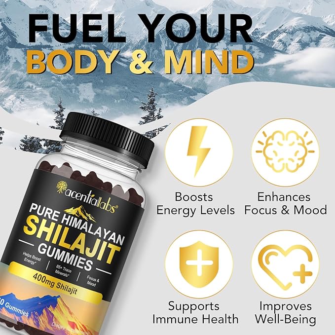 Pure Himalayan Shilajit Gummies for Men & Women, Rich in 85+ Micronutrients, 100% Natural & Organic Shilajit Gummies Shilajit for Men, Energy, Brain, Immunity Boost, No Added Sugar Non-GMO, 60 Count