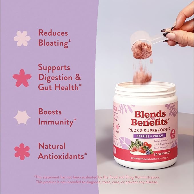 360 Nutrition Blends with Benefits Reds & Superfoods for Natural Antioxidants and Polyphenols, with Fruits & Veggies, Probiotics Digestion, Daily Energy - Berries & Cream - 30 Servings