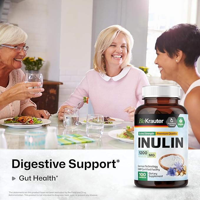 BIO KRAUTER Inulin Powder Capsules - 1200 mg Strength - 100 Count - Pure Soluble Fiber Supplements - Chicory Root Fiber Capsules for Digestive Support - Vegan