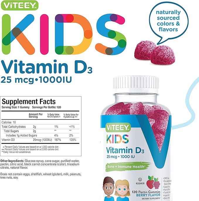 Vitamin D3 Kids Gummies 25mcg 1000 IU - Bone Health, Immune Health, Joint Muscle Support - Vegetarian, Gelatin Free, Gluten Free, GMO Free - Tasty Chewable Berry Flavored Gummy