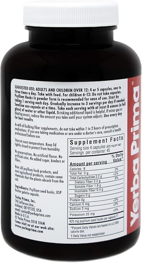 Yerba Prima Psyllium Husks Caps Dietary Fiber 625 mg, 180 Capsules - Colon Cleansing Supplement - Gut Health - Non-GMO Gluten Free