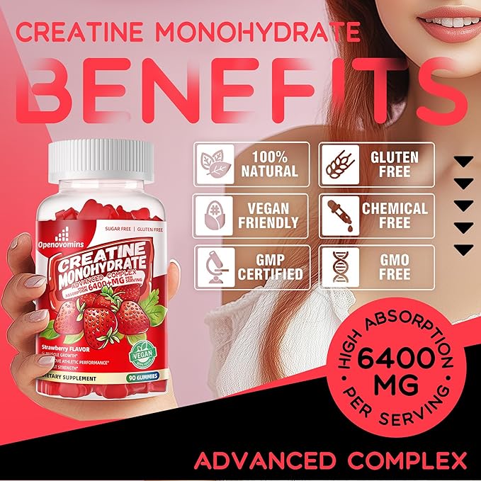 Creatine Monohydrate Gummies Complex for Men & Women -Advanced Formula W/L-Taurine + Vitamin B12, Sugar Free Chewable Supplement,180 Strawberry Gummies 2pack