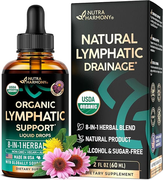 USDA Organic Lymphatic Drainage Supplement - Echinacea | Elderberry | Dandelion | Rosehip | Cleavers | Calendula | Burdock - Made in USA - Lymph System Drops - Immune Support, Cleanse & Detox, 2 fl oz