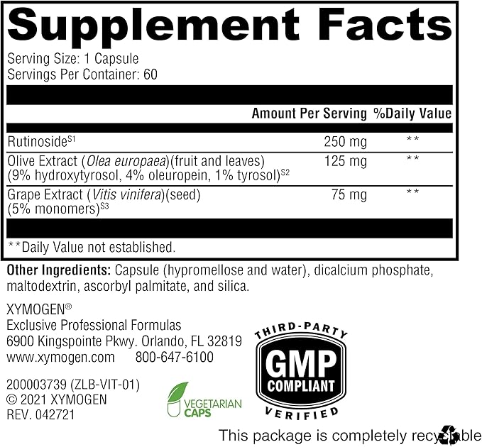 XYMOGEN VitalVasc - Grape Seed & Olive Leaf Extract Capsules -Supplements with Antioxidant Support - Gluten Free, Vegan + Non GMO (60 Caps)