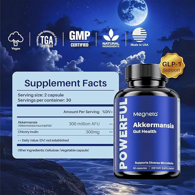 Akkermansia Probiotic, Boosts GLP-1, 300M AFU, Inulin Prebiotic Fiber - Gut Health Supplements for Men & Women (60 Capsules)