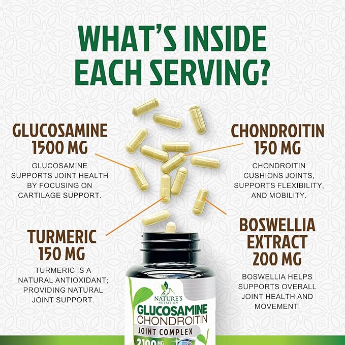 Glucosamine Chondroitin MSM 2100mg Complex - Joint Support Supplement Turmeric & Boswellia, Triple Strength Glucosamine Capsules - Support for Joint Mobility with Quercetin Bromelain - 180 Capsules