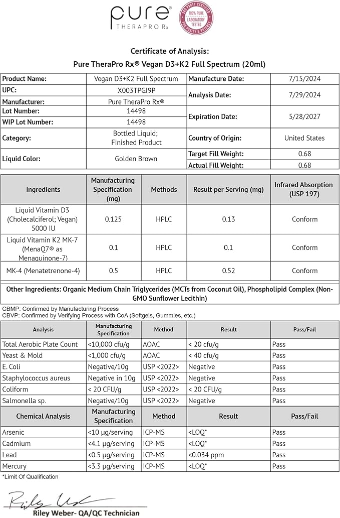 Pure TheraPro Rx Vegan D3 + K2 Organic 100% Liposomal 20ml Made in USA | 6 Month Supply | Maximum Absorption Vitamin D3 and Vitamin K2 Supplements for Men and Women, D3 Vitamin 5000 IU
