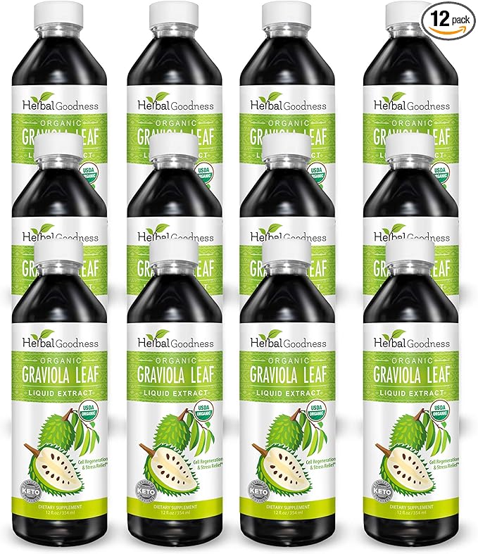 Herbal Goodness Graviola Leaf Extract 15X Strength - Soursop (Guanabana) Leaves Liquid USDA Organic Non-GMO Kosher Cell Support & Regeneration & Stress Relief Immune Boost 12(12oz) btls